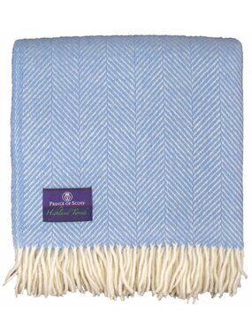 NWT Prince Of Scots Tweed Herringbone Pure Oversized Wool Throw Baby Blue 59x72
